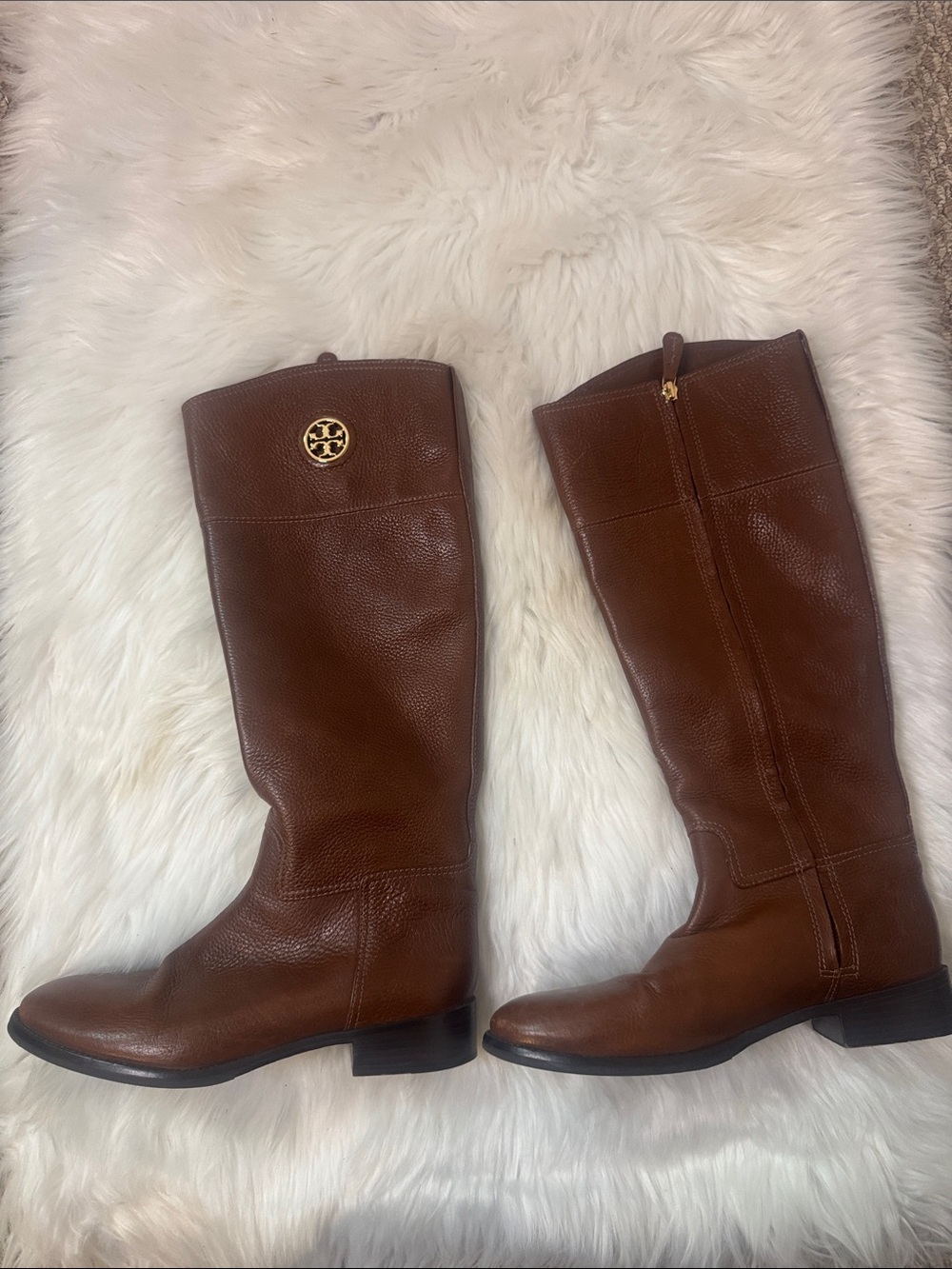 Tory Burch Chestnut Brown Leather Knee Boots with Gold Logo